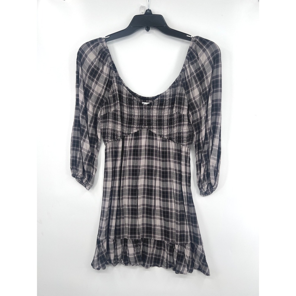 Hollister Plaid Mini Dress Size M Black Grey Smocked‎ Ruffle 3/4 Sleeve 90s - Picture 1 of 8